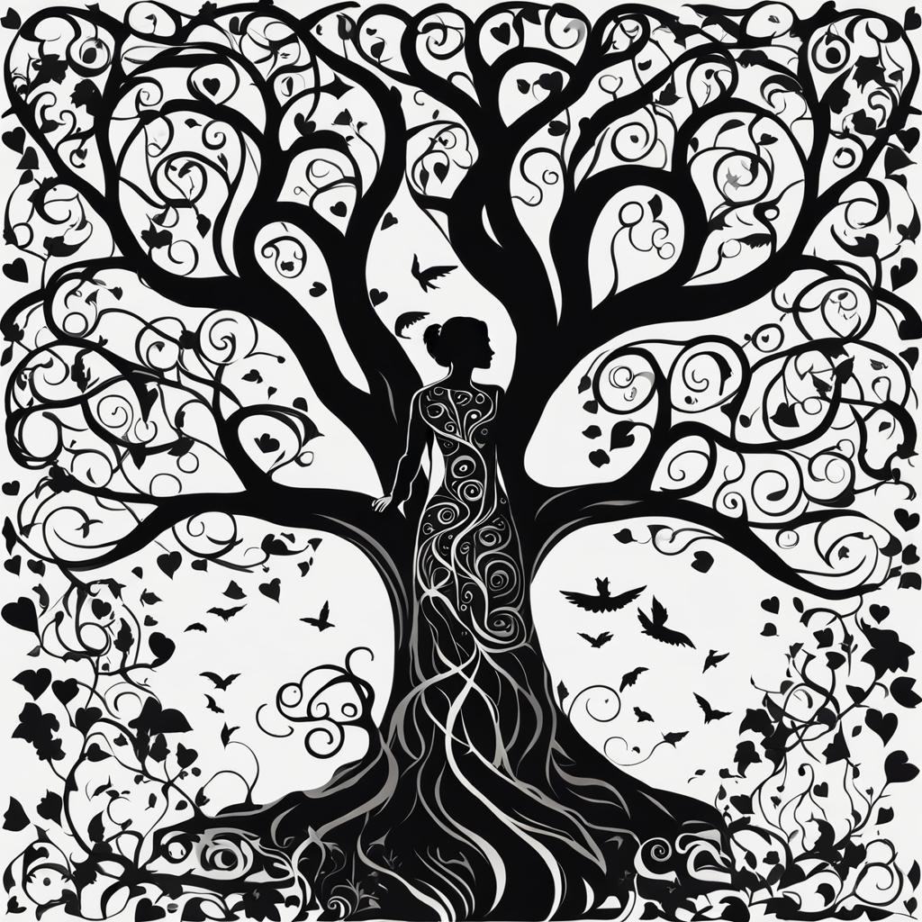 Intricate Tree of Life Silhouette in Black and White