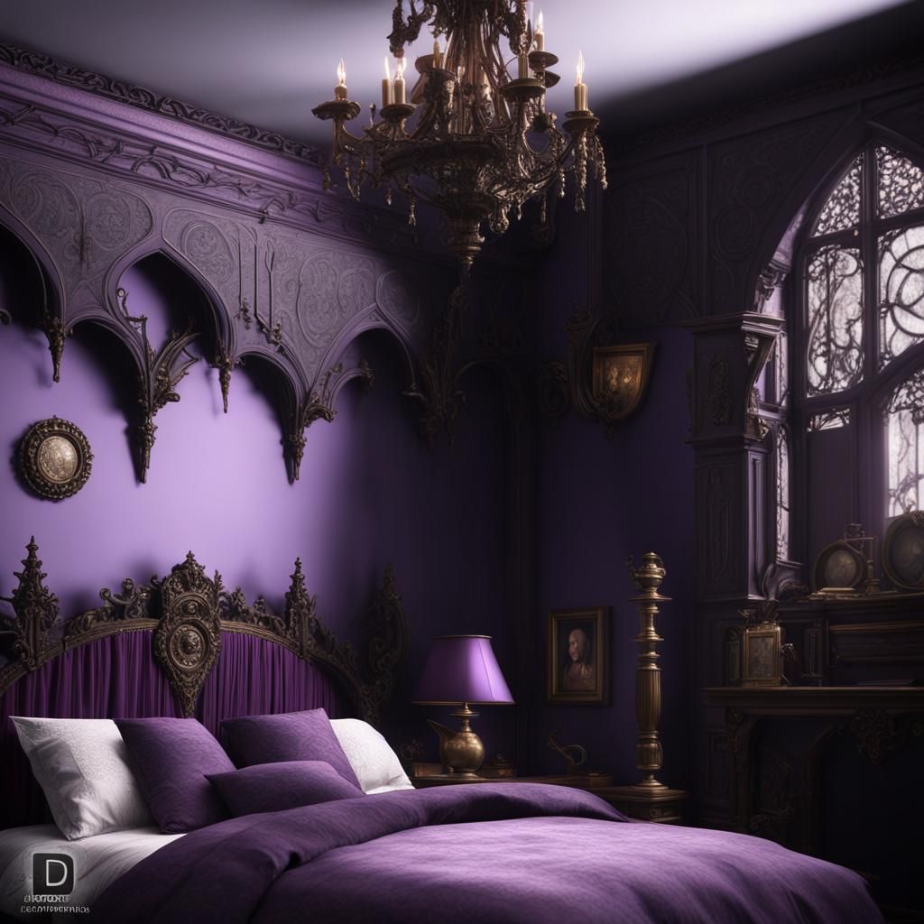 Complex Gothic Victorian bedroom with purple walls and purpl...