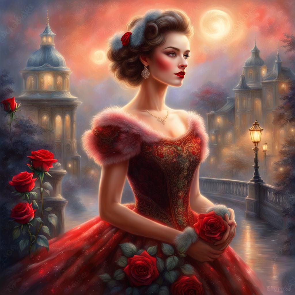 Elegant Woman with Rose in Vintage Digital Painting