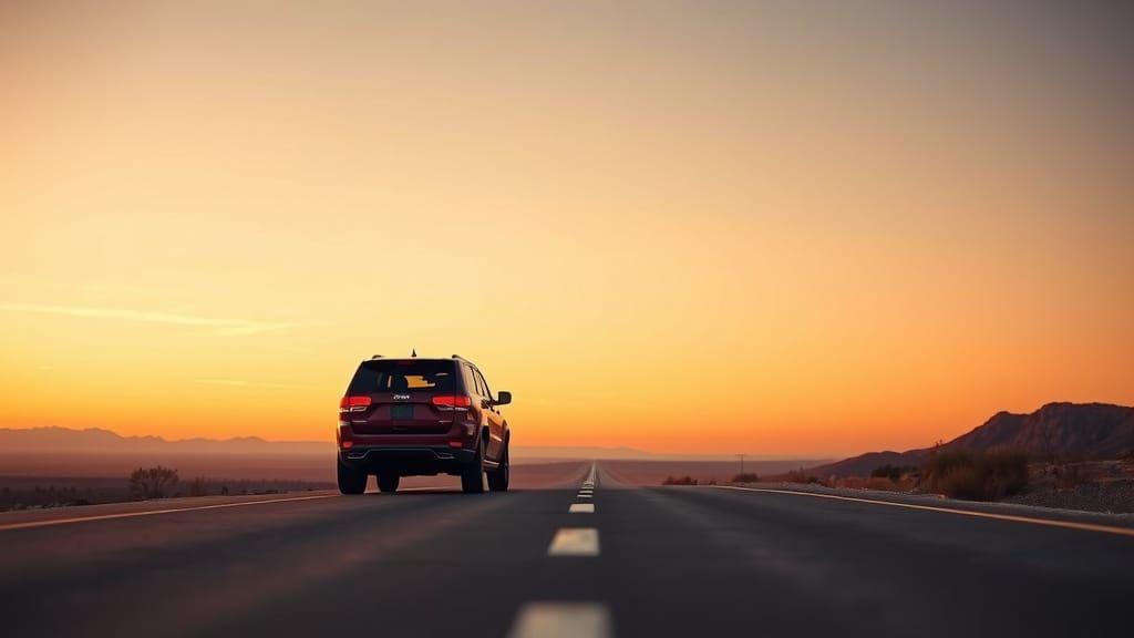 Burgundy Jeep Grand Cherokee at Sunset