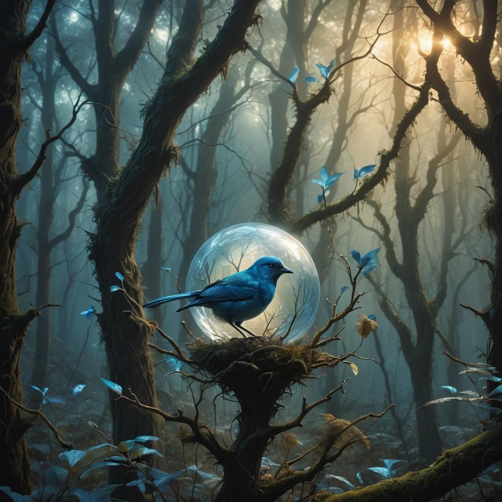 Blue Bird Perched on Orb in Surreal Forest