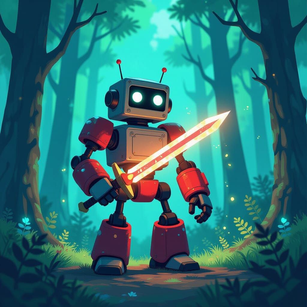 Colorful Felt Robot in Bioluminescent Forest, Anime Style