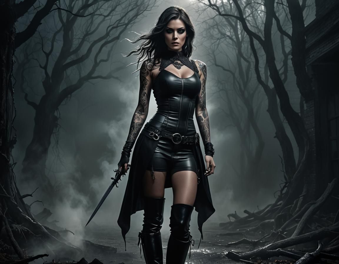 Tattooed Woman in Ominous Fog, Hyper-Realistic Portrait