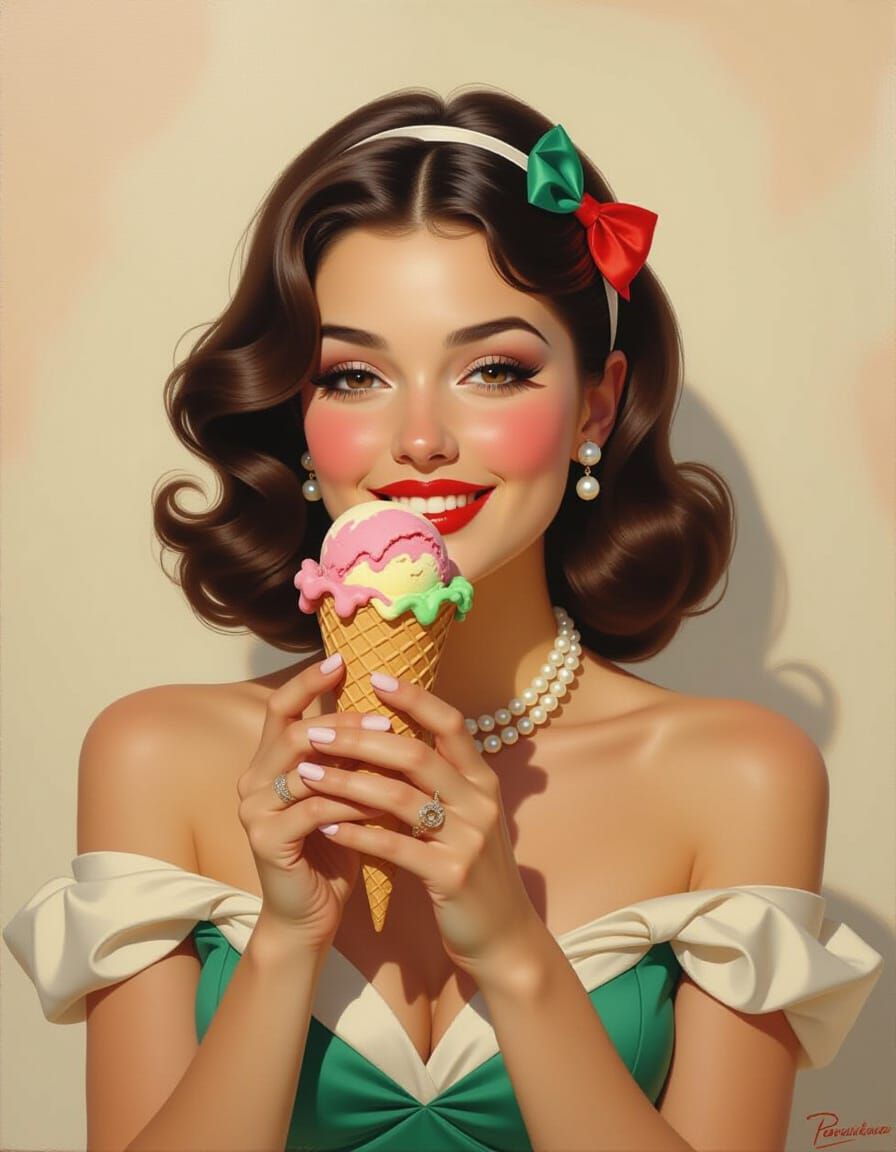 Italian Woman Enjoying Ice Cream: Oil Painting