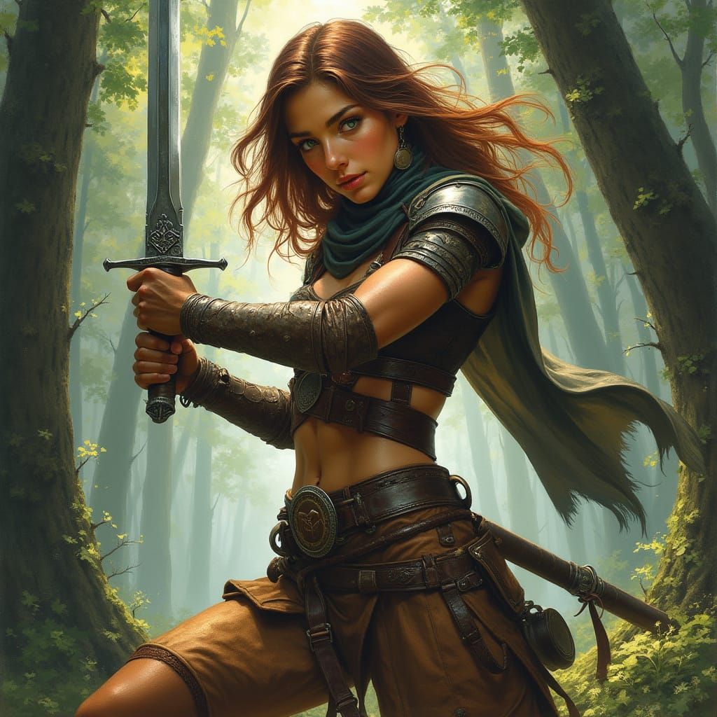 Sword-Wielding Warrior Goddess in Enchanted Forest