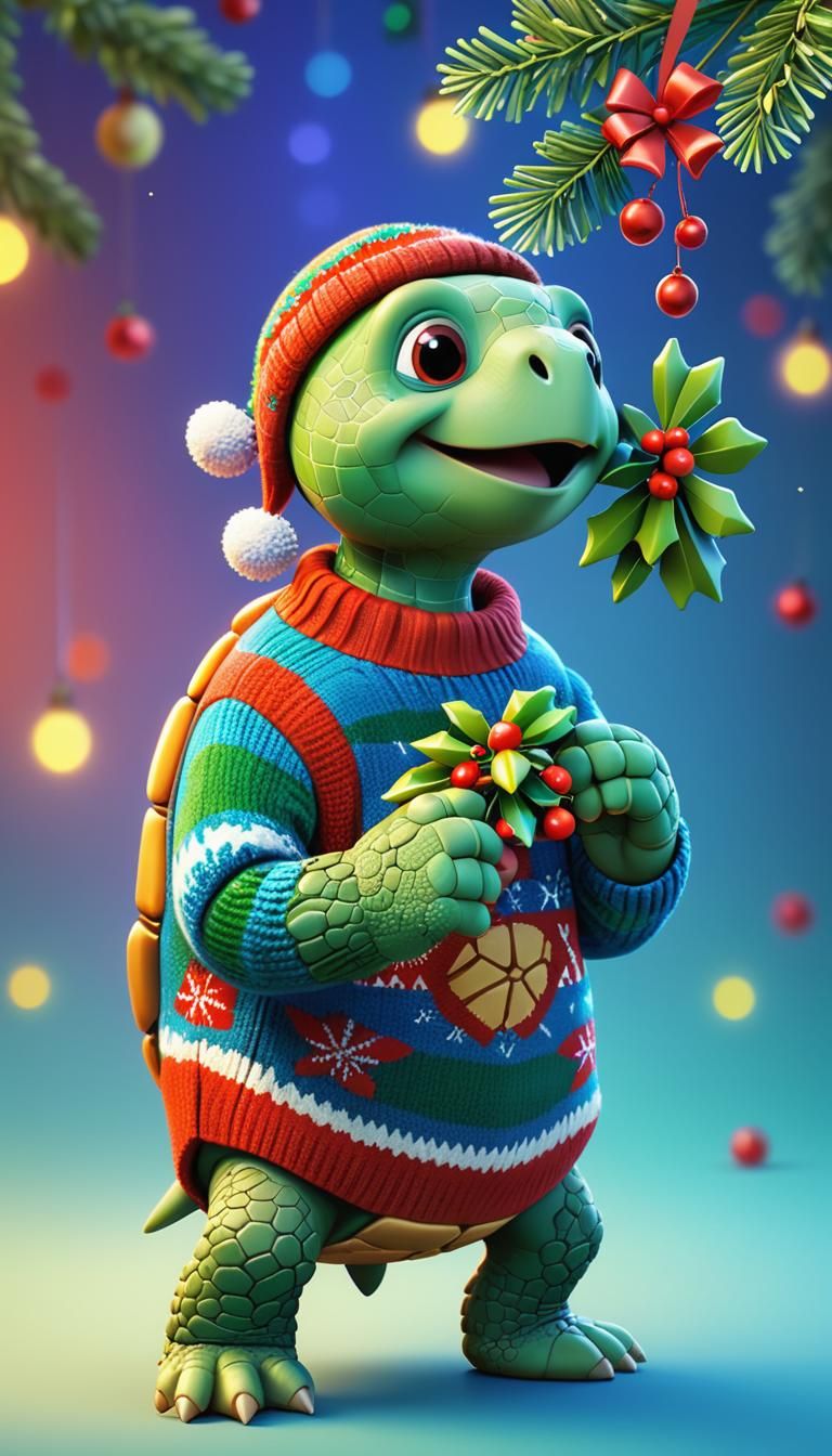 Festive Christmas Turtle with Mistletoe: 3D Digital Art