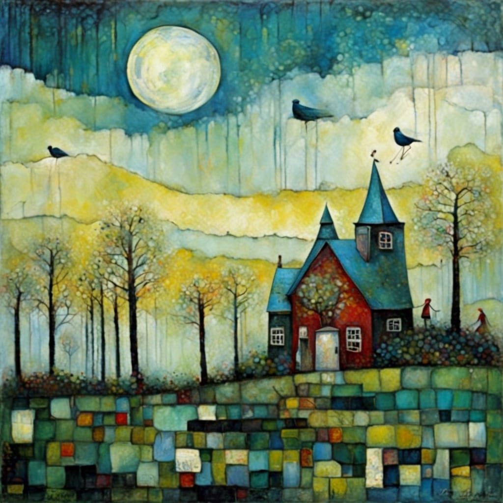 Textured Encaustic Painting in Naive Primitive Style