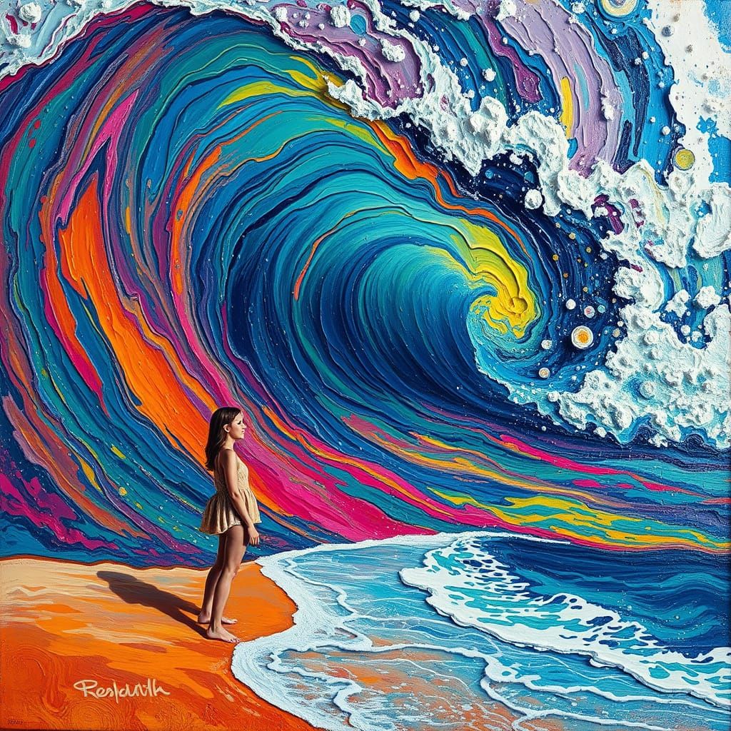 Woman Engulfed by Impasto Paint Wave on Vibrant Beach