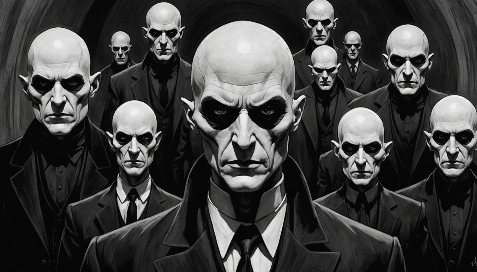 Sinister Bald Figure in Bauhaus Charcoal Drawing