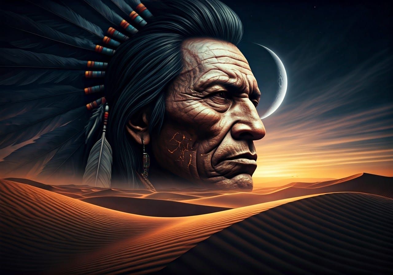 Mystical Native American Chief in Surreal Desert Landscape