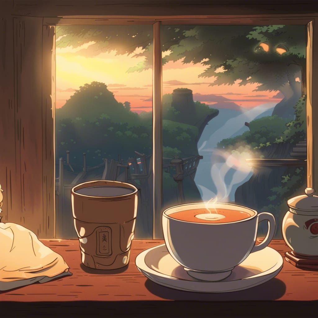 Steaming Cup of Tea in Studio Ghibli Anime Style