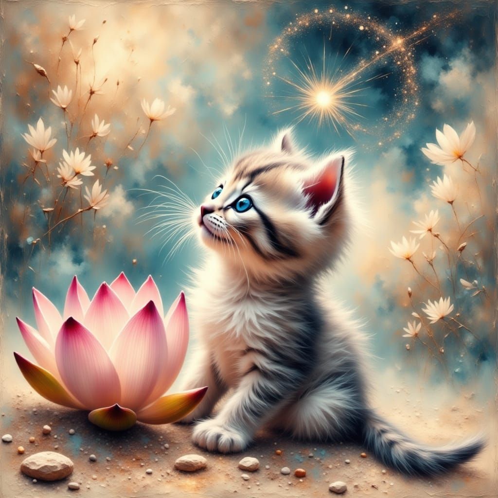 Dreamy Kitten in Celestial Lotus Paradise