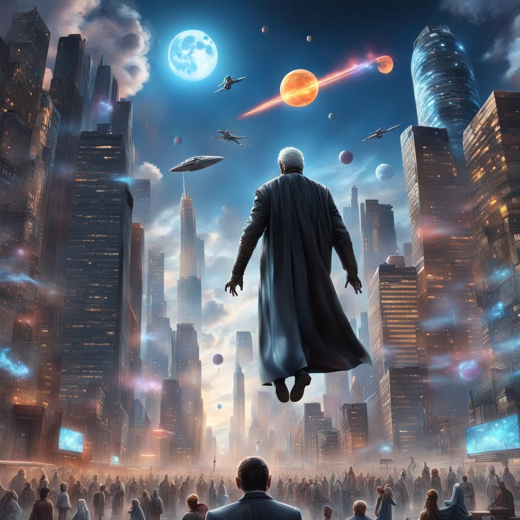 Android Jumps in Cyberpunk Cityscape with Laser Sword