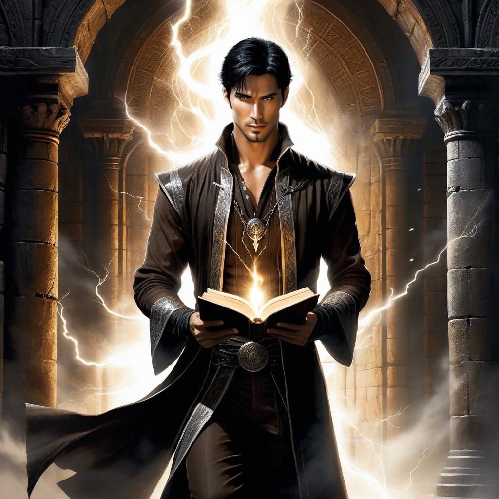 Young Mage Casting Lightning Spell in Dark Fantasy Style