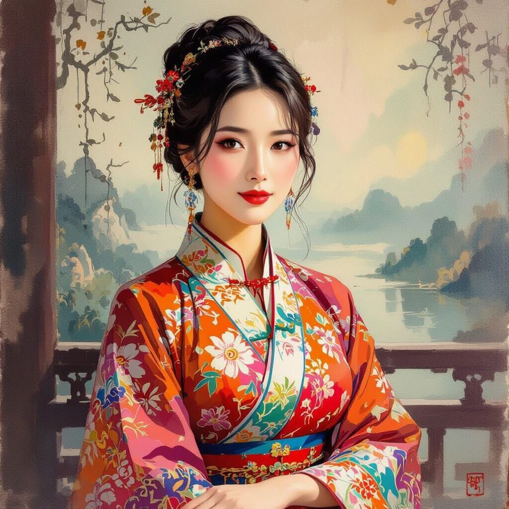 Chinese Woman in Traditional Dress, Impasto Gouache