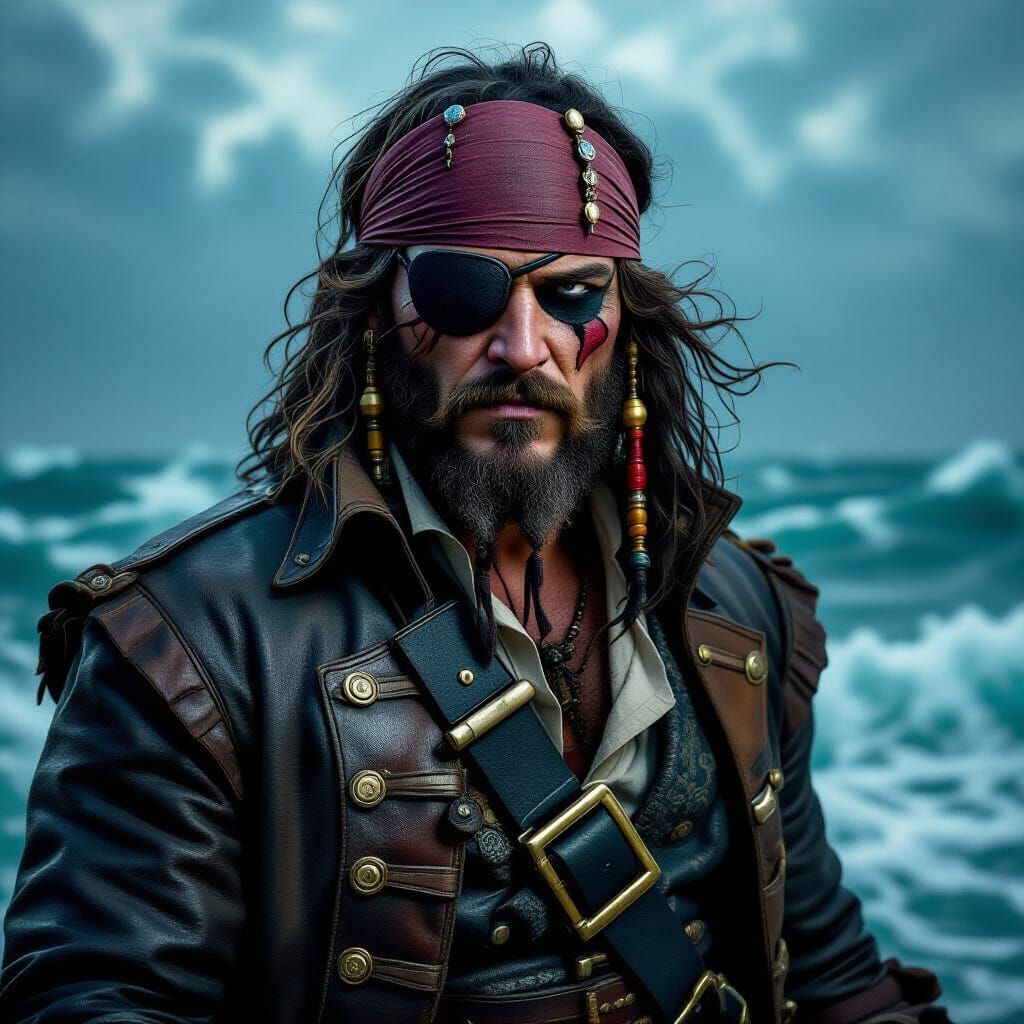 Fearsome Pirate Captain in Stormy Seas