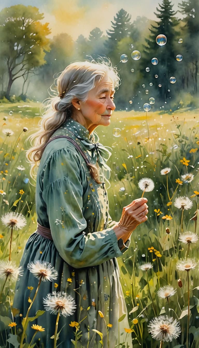 Whimsical Watercolor of Woman with Dandelion Wishes