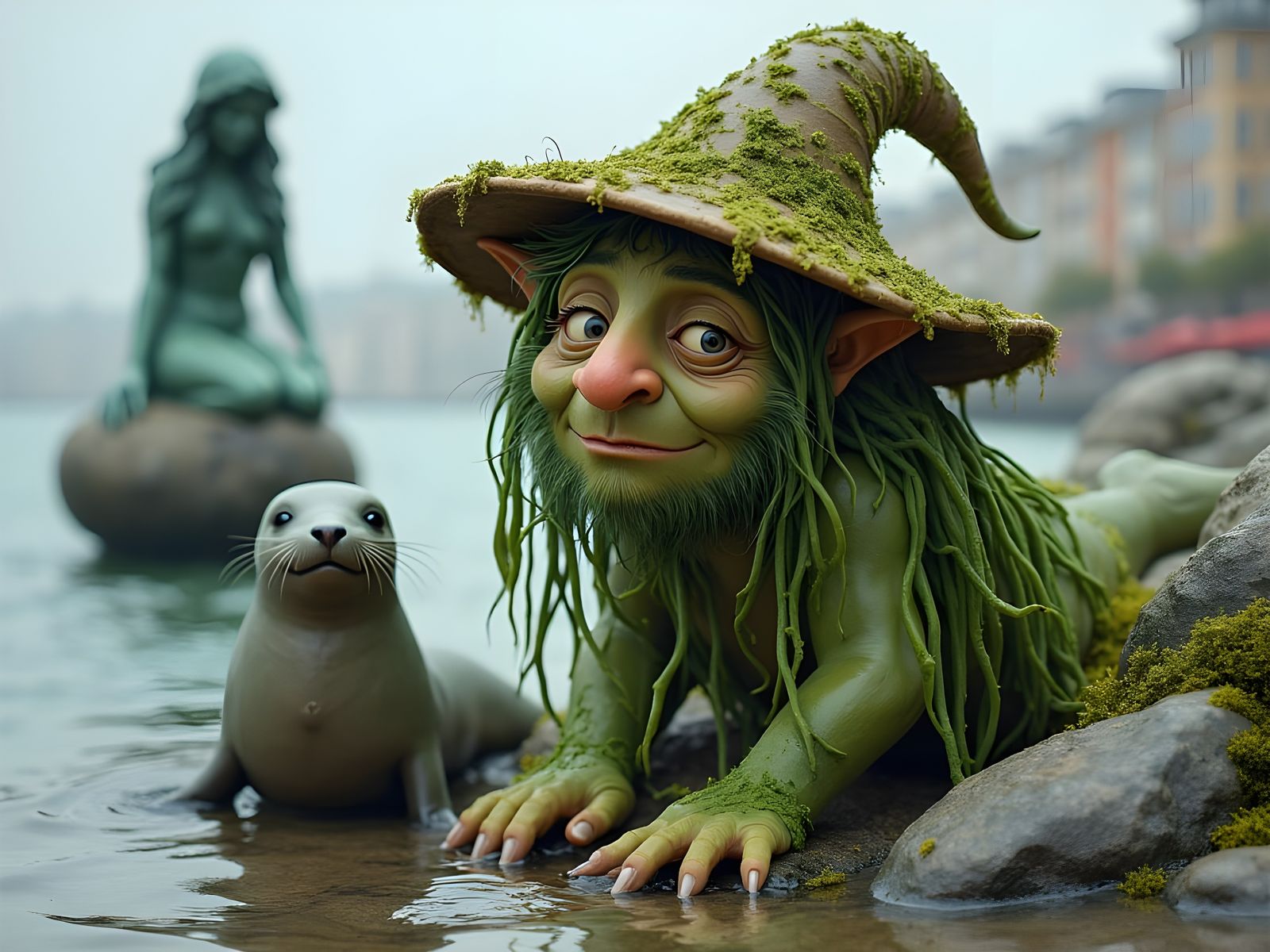 Sea Troll Hiding Near Little Mermaid Statue