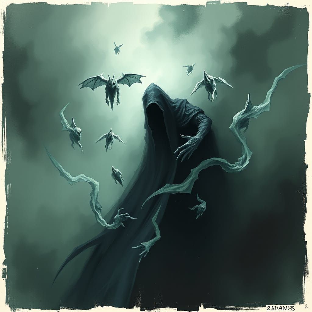 Ominous Figure in Swirling Mist: Surreal Horror Art