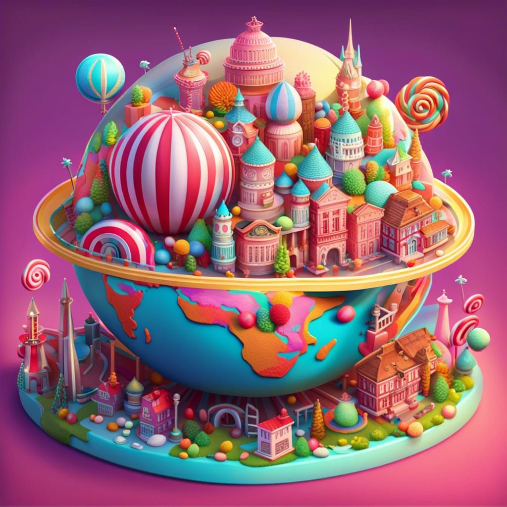 Candy Globe with Famous Landmarks in Digital Illustration