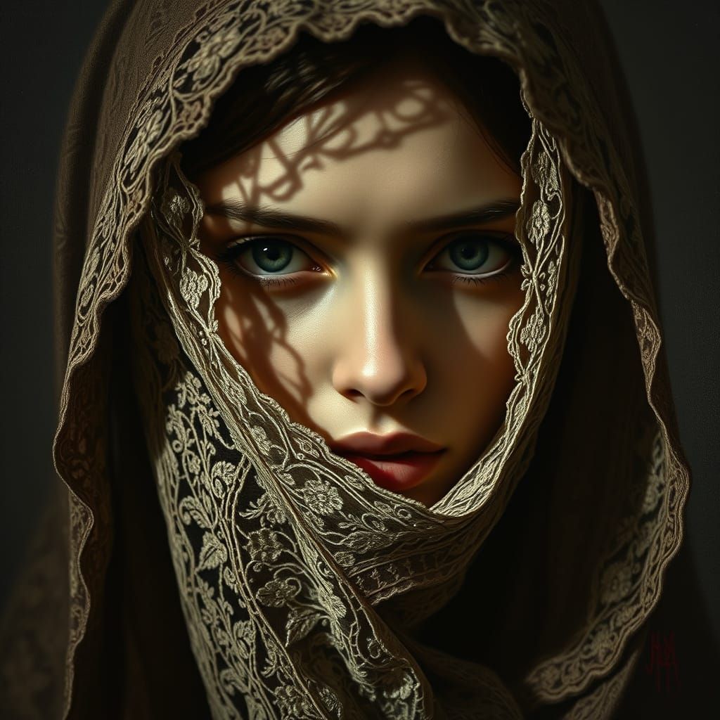Woman in Intricate Lace, Moody Portrait