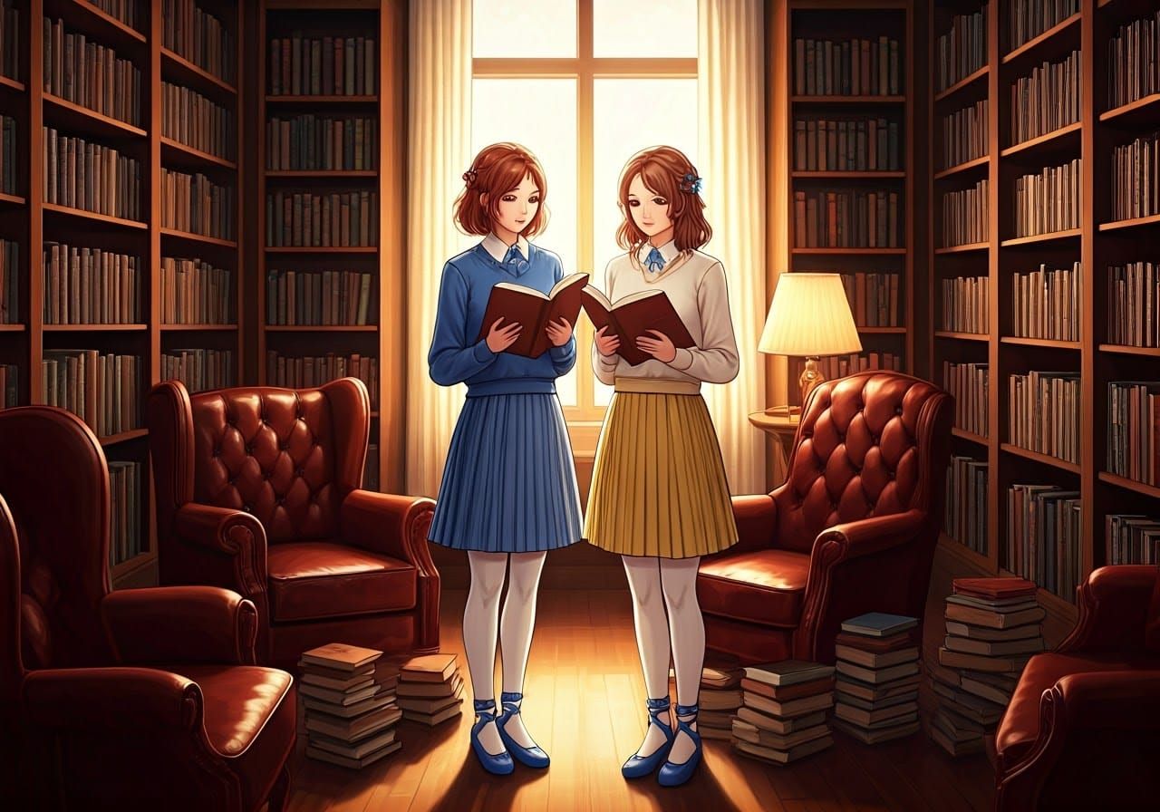 Two Women in a Cozy Library, Digital Painting