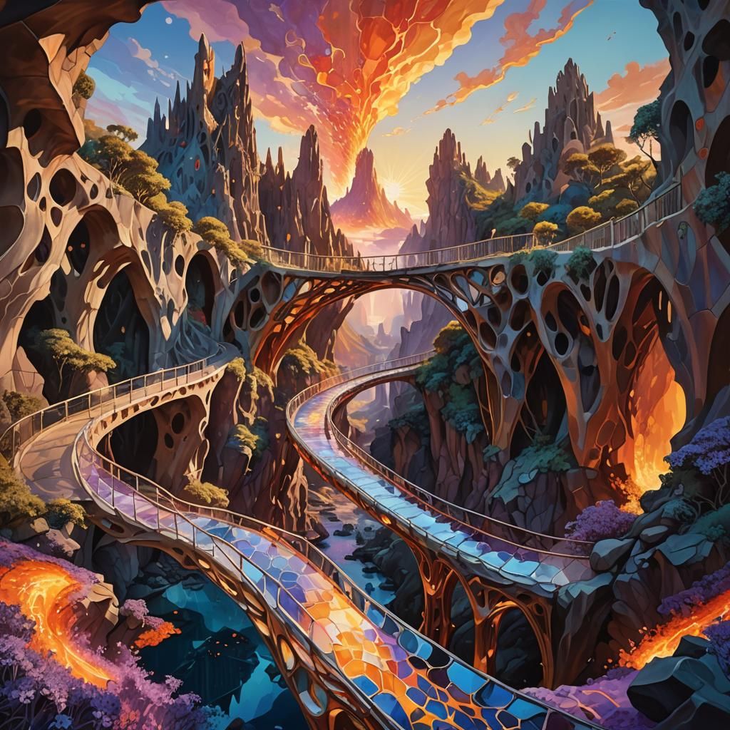 Gaudi Glass Bridge Over Lava, Surreal Oil Painting