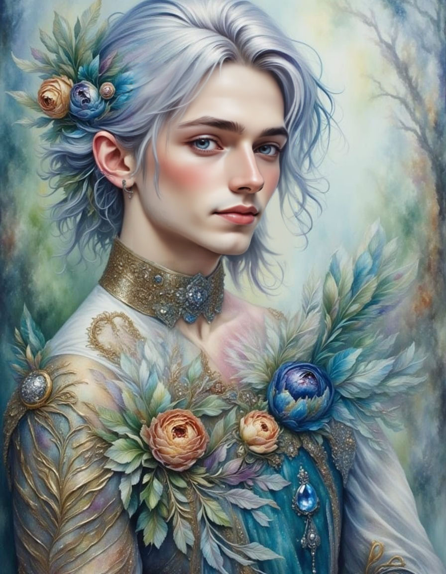 Fairy Tale Man in Folk Costume with Lilac Hair