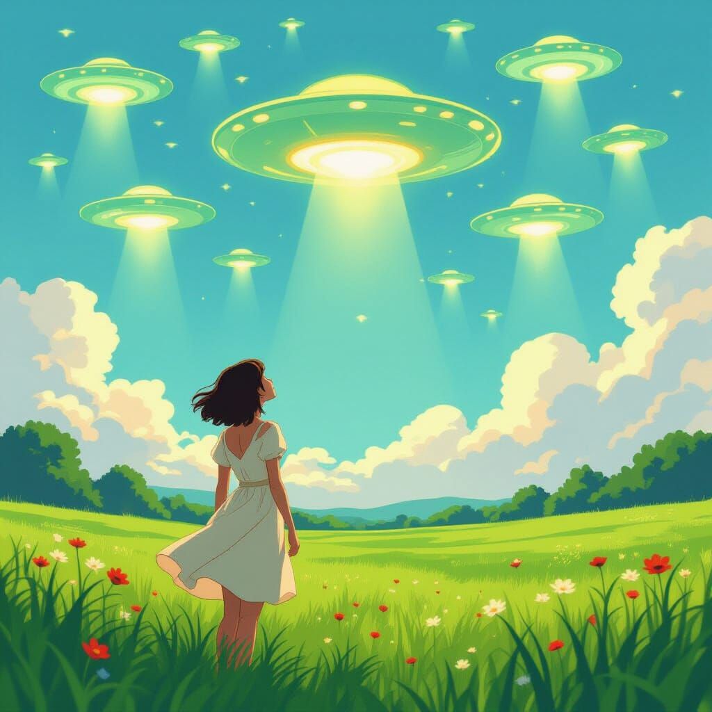 Woman Gazing at UFOs in Whimsical Anime Style