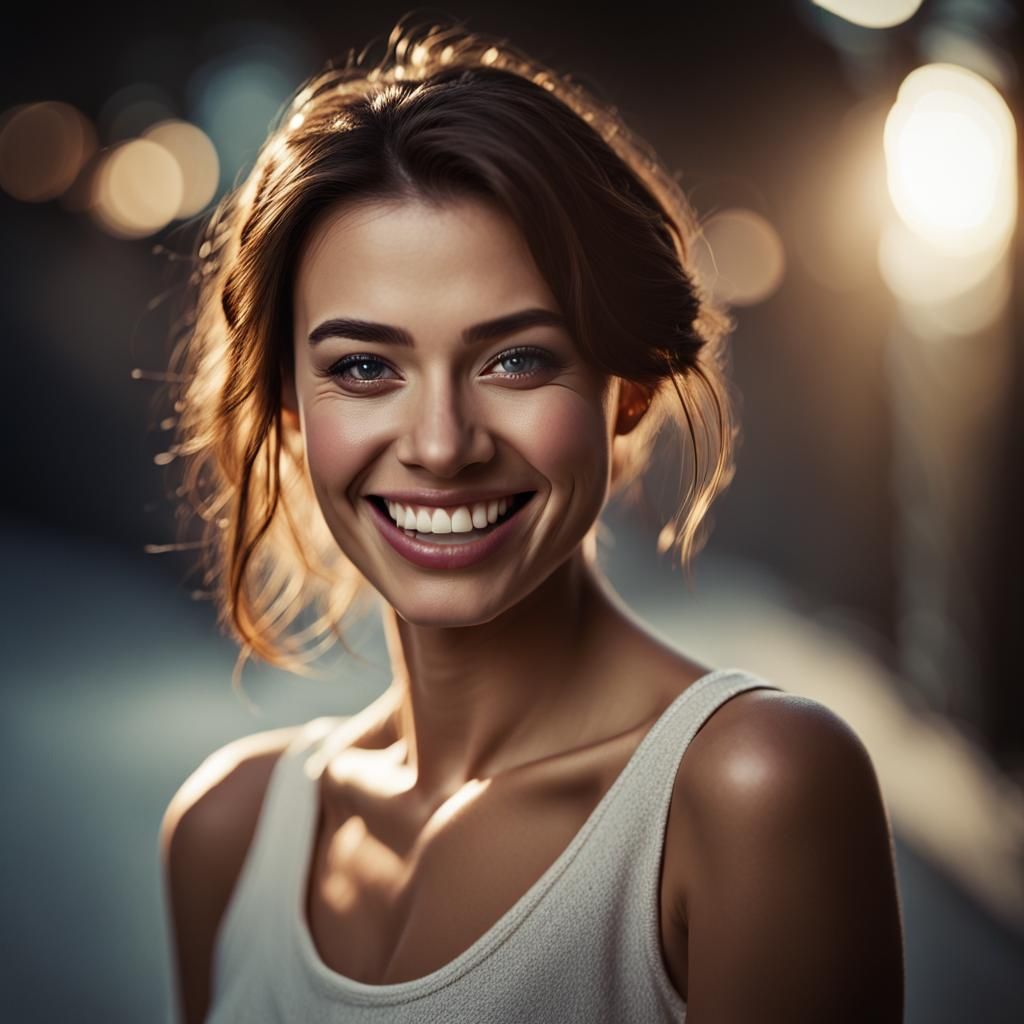 Hyper-Realistic Portrait of Smiling Woman with Fit Physique