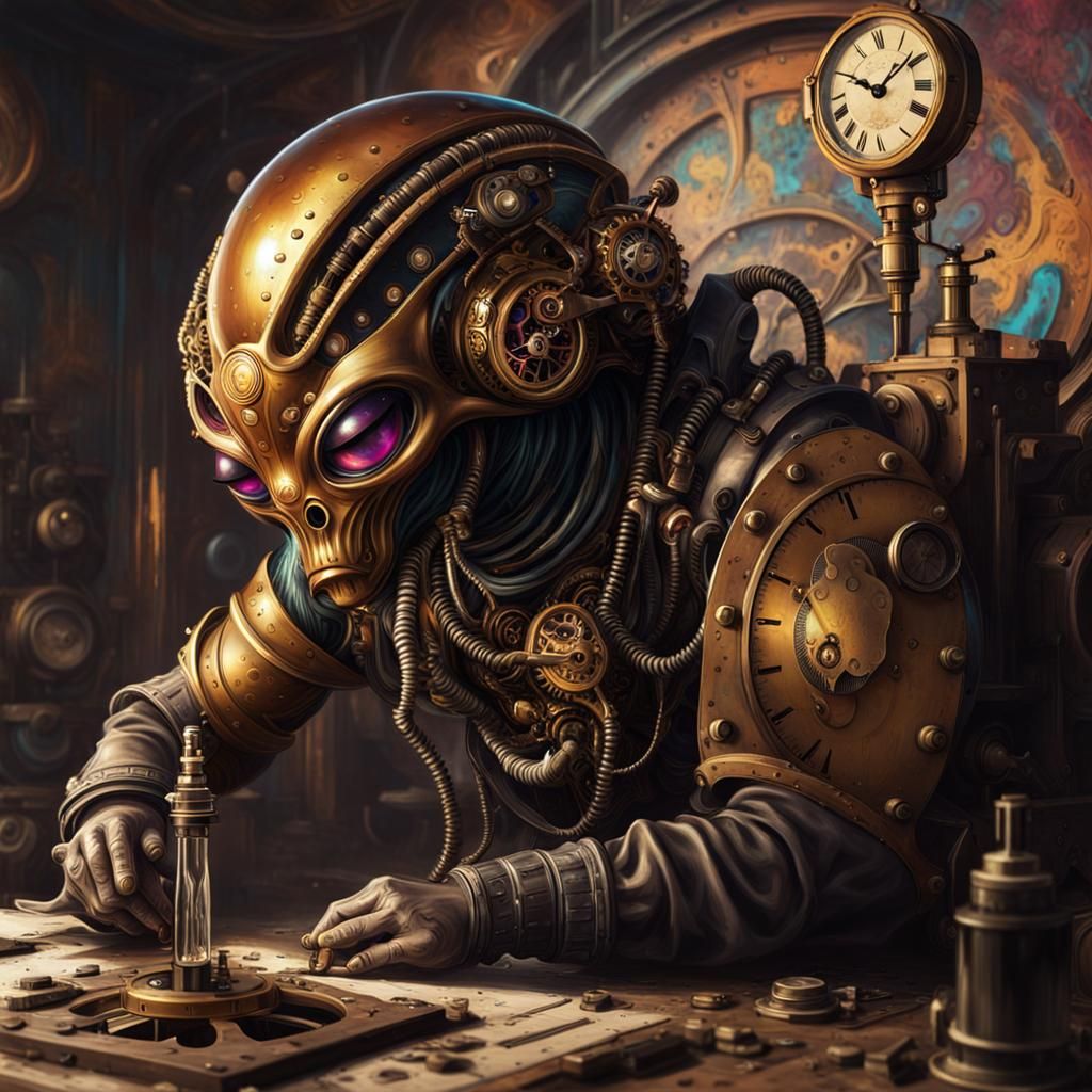 Steampunk Alien Repairs Clock, Detailed Digital Art