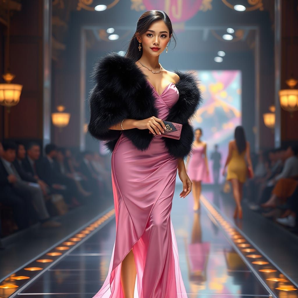 Asian Model on Catwalk in Detailed Matte Painting