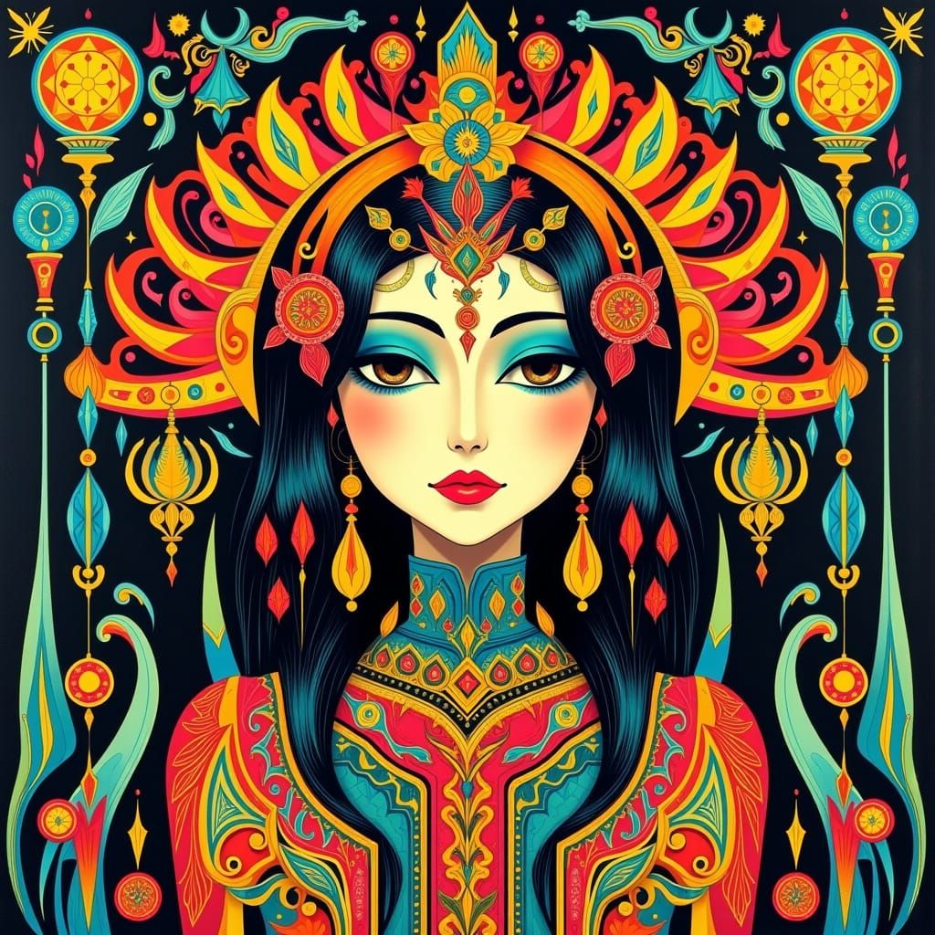 Vibrant Folk Art Character in Art Deco Style