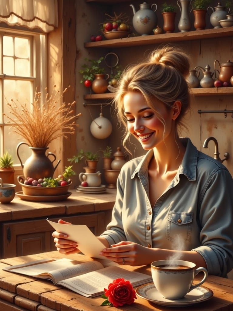 Woman Reading Love Letter with Rose and Coffee