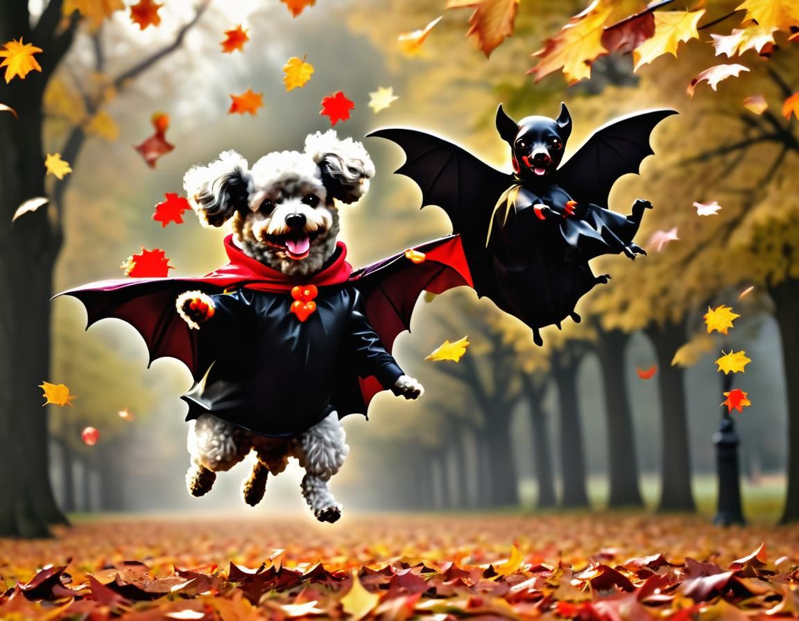 Poodle in Vampire Costume Having Fun