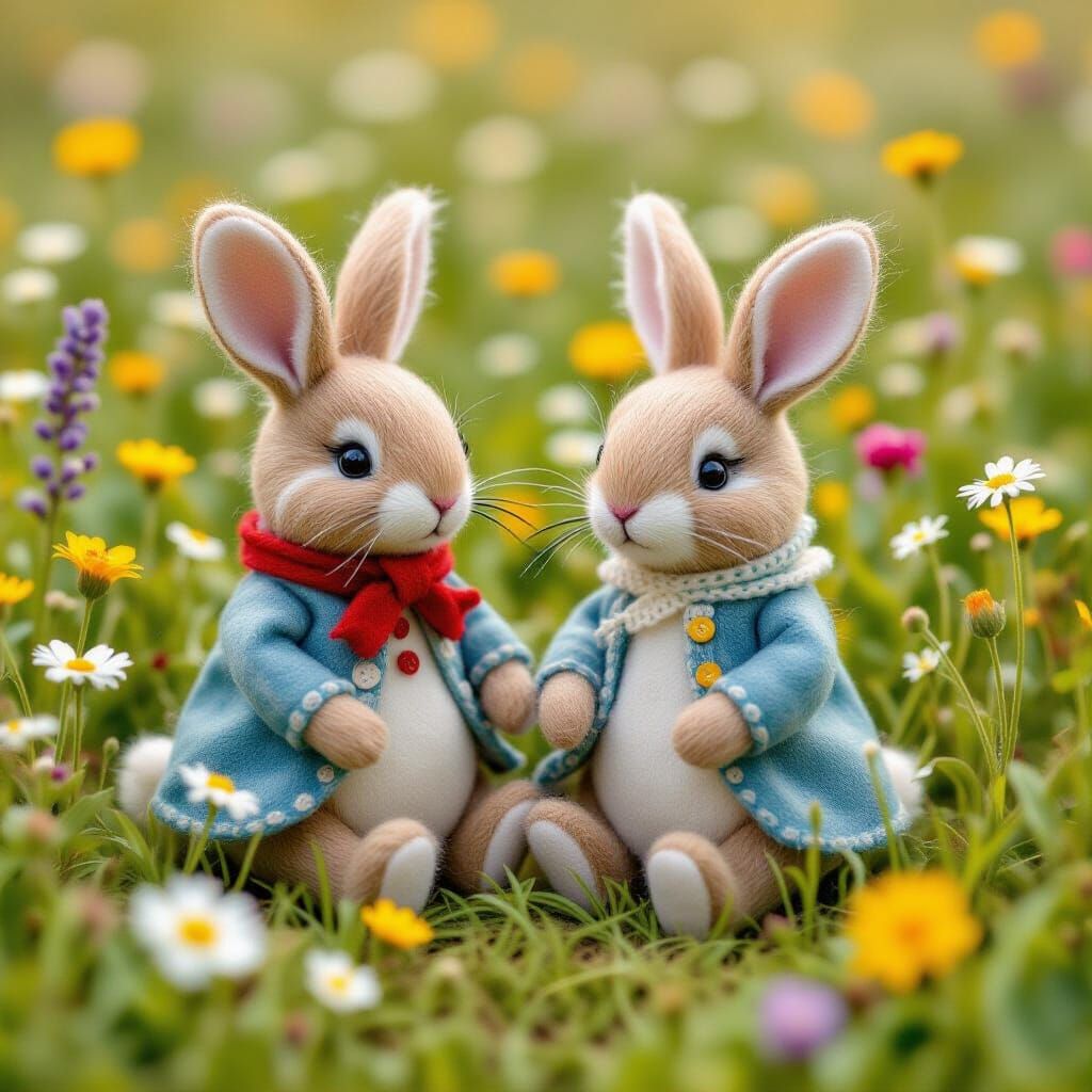 Whimsical Felted Animals in Meadow, Storybook Illustration