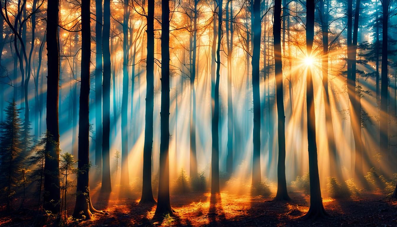 Sunlit Forest Scene with Psychedelic Lights