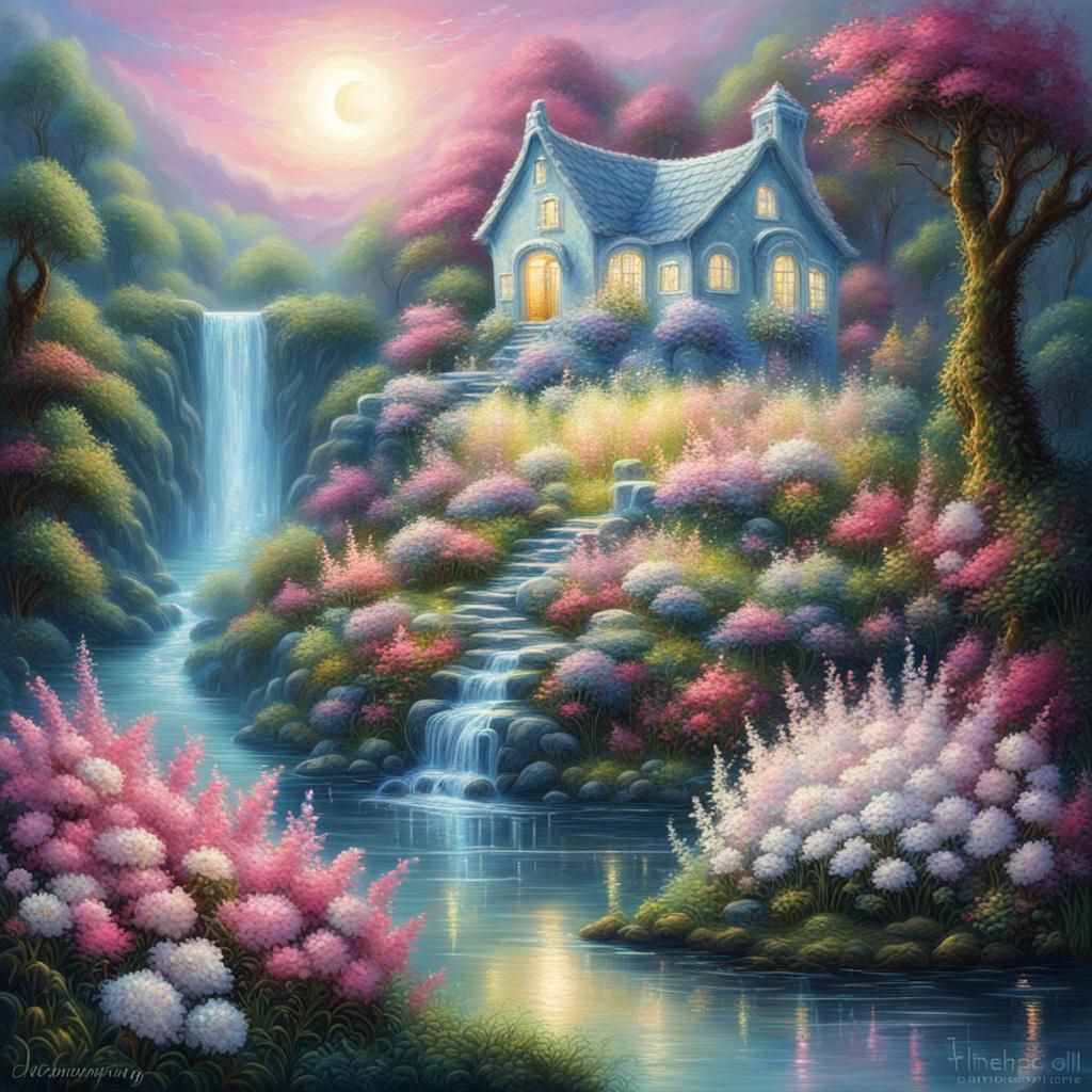 Flower House with Waterfall, Holographic Astral Illustration
