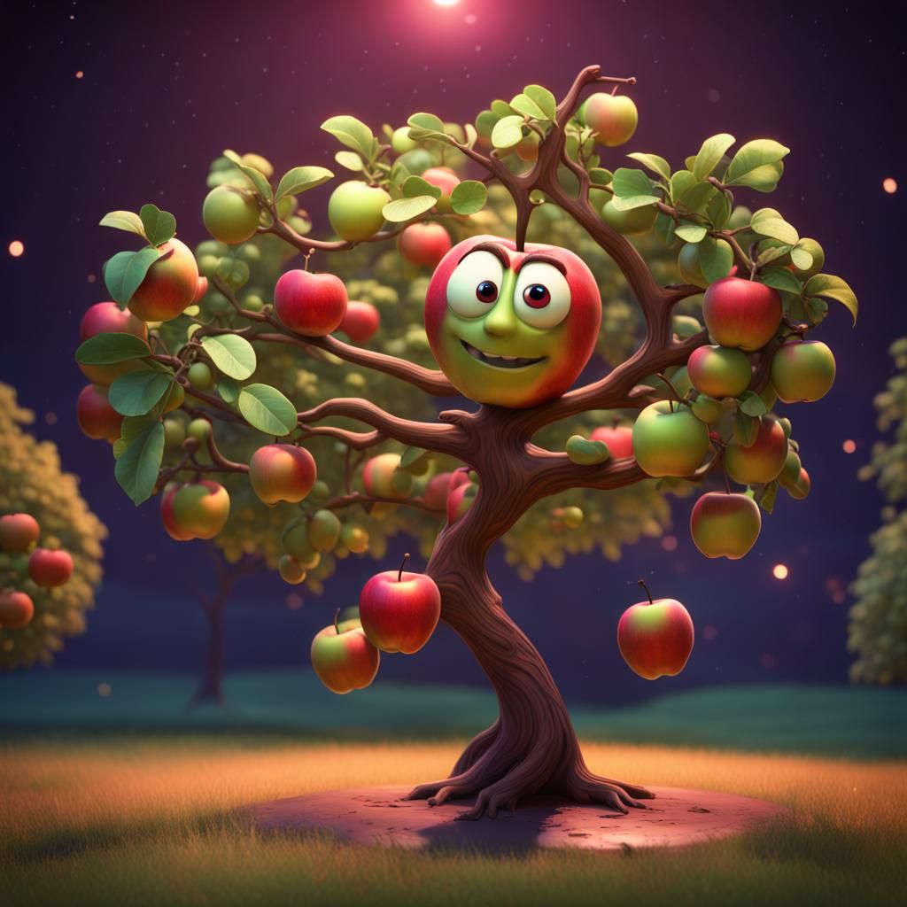 Dancing Apple Tree in Moonlight: 3D Digital Art