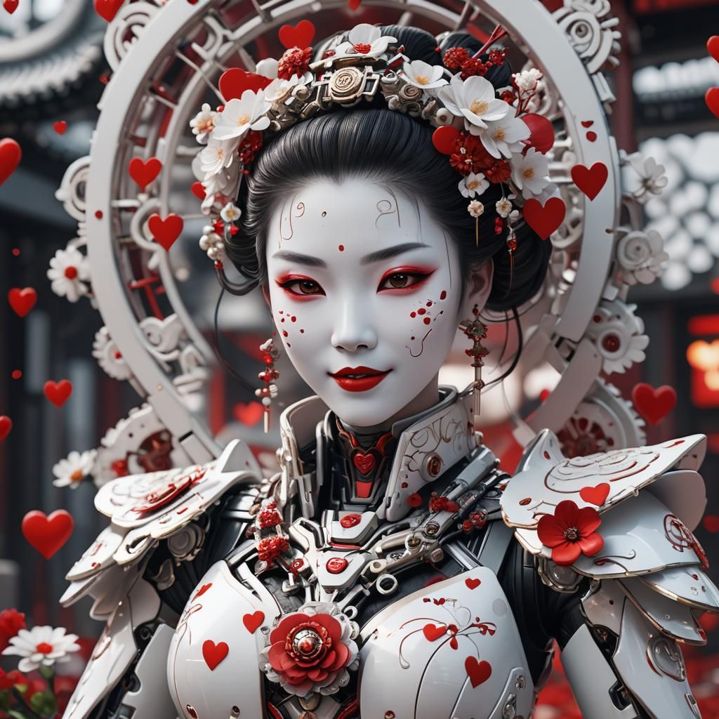 Smiling Geisha with Flower and Hearts in Sci-Fi Style