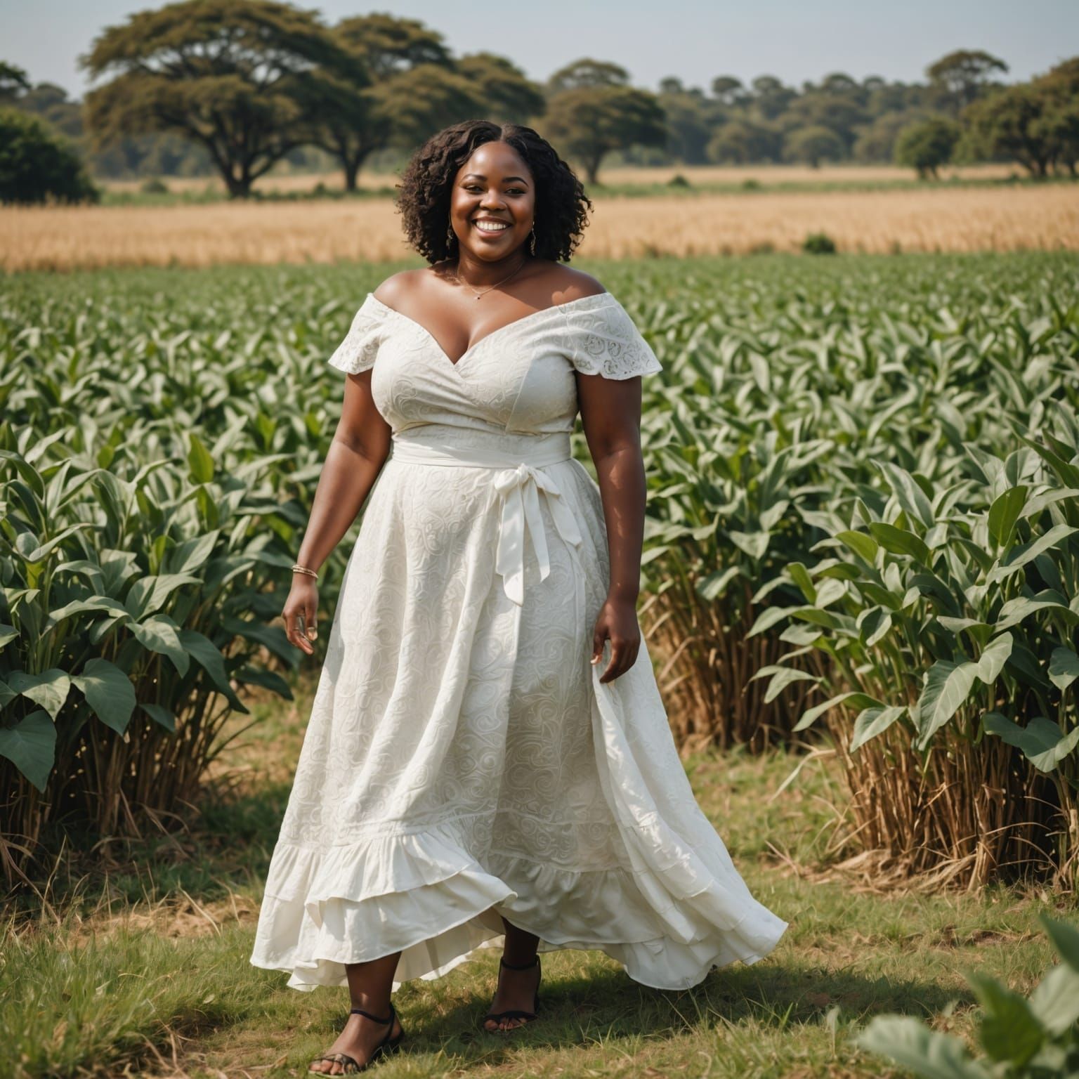 A Beautiful, Curvy African Woman in a White Silk Dress