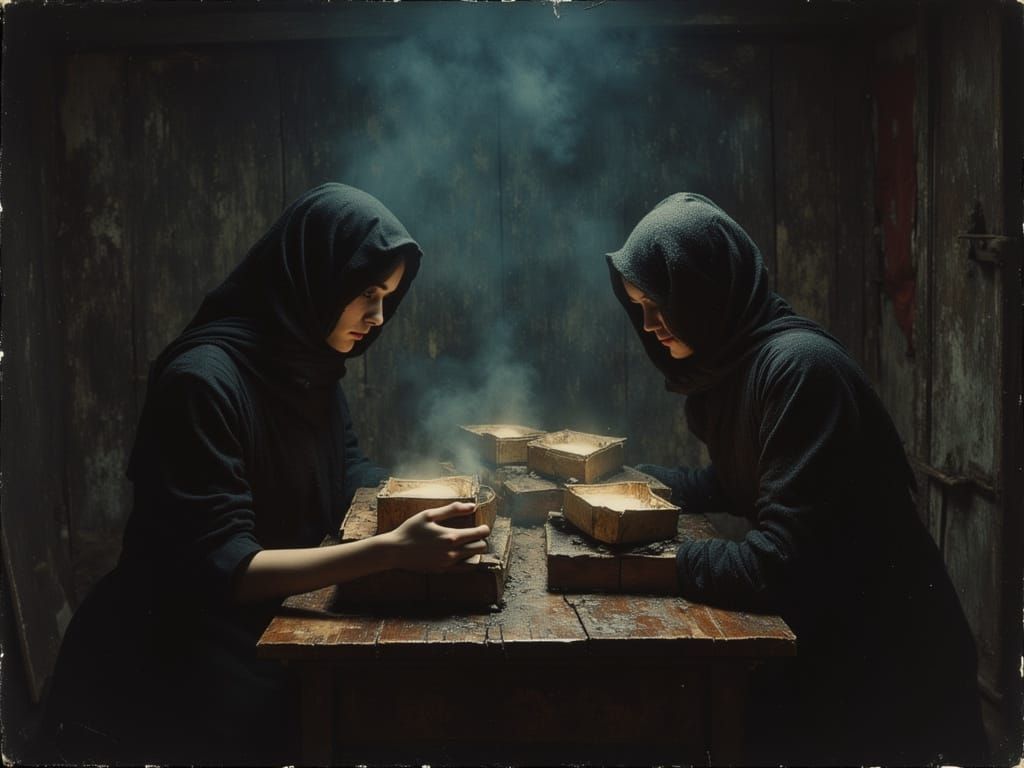 Mysterious Glowing Boxes in Dark Room Portrait