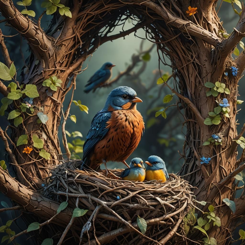 Mother bird on side of a nest looking at her baby birds