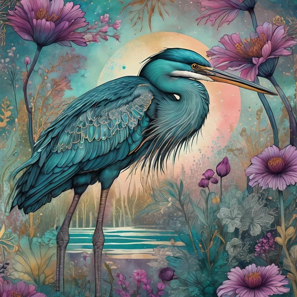 Teal heron with magenta flowers