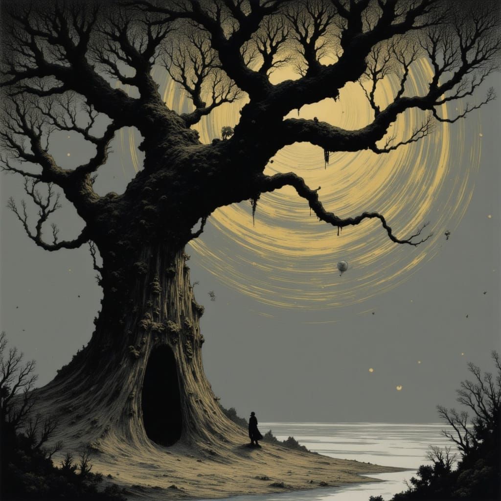 Ancient Colossal Tree Under Starry Sky