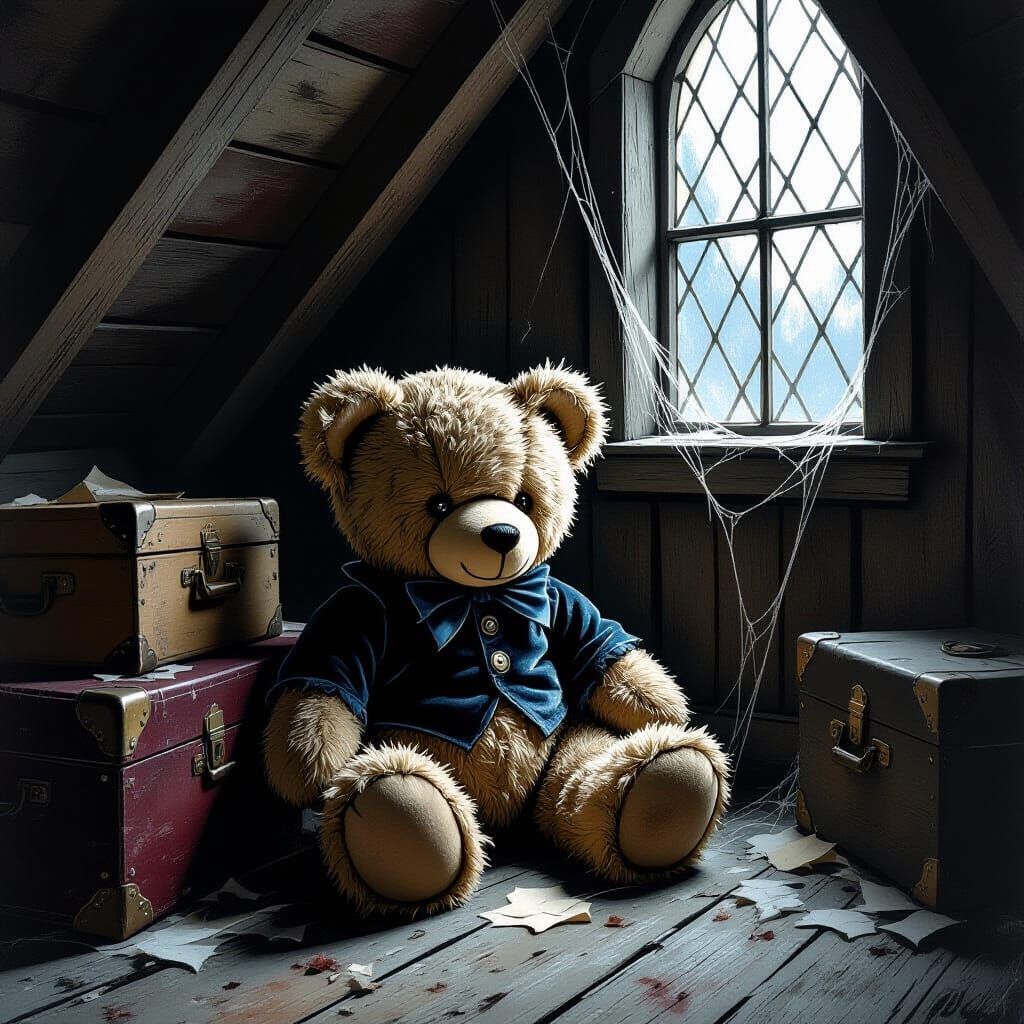 Tattered Teddy Bear in Dusty Attic, Gothic Art Style