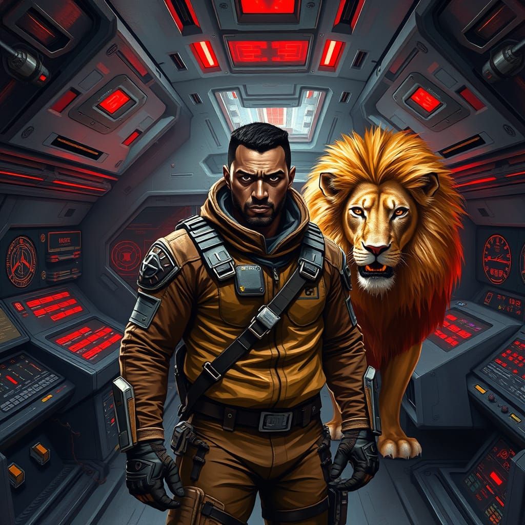 Confident Space Explorer Surrounded by Fierce Lion
