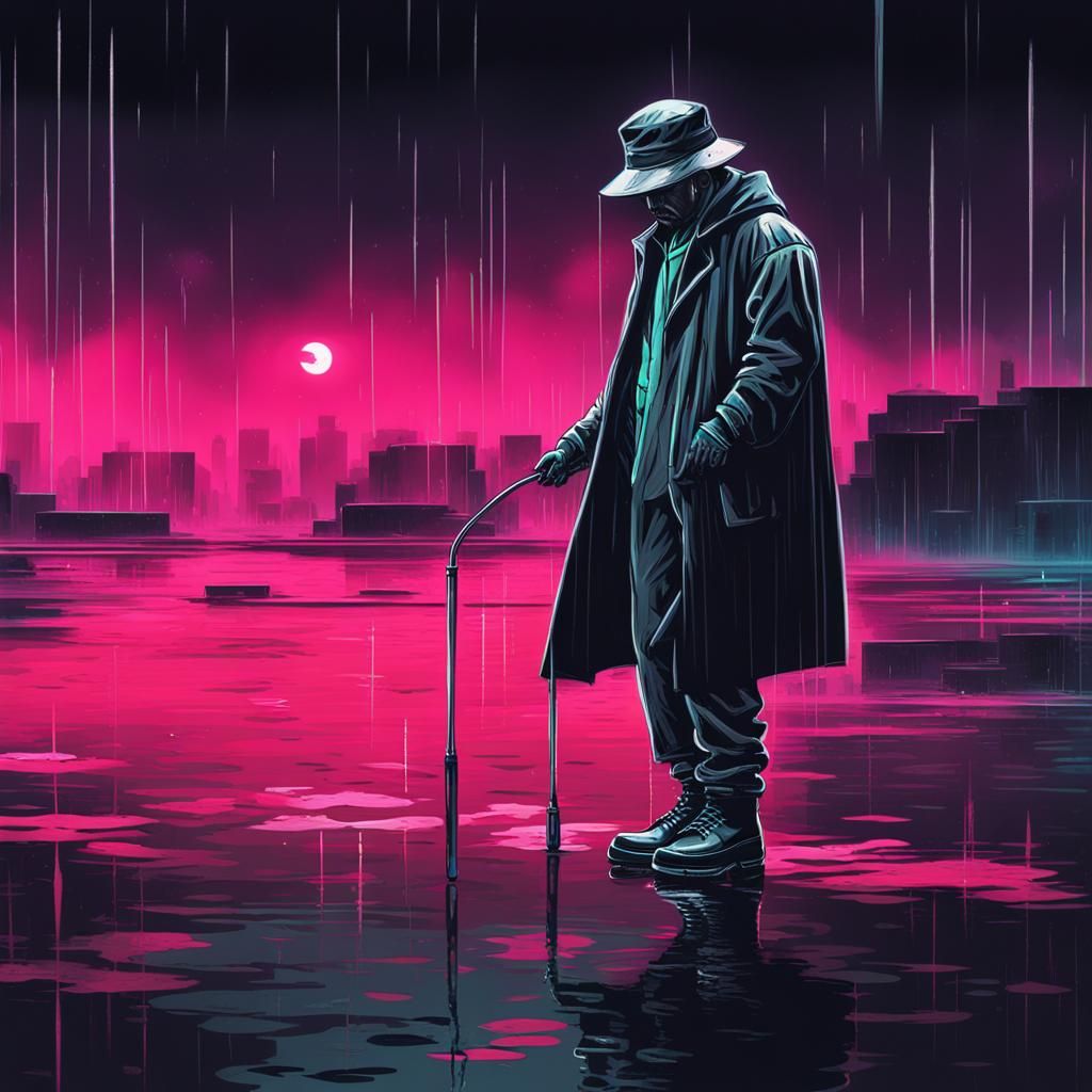 Lonely Cybernetic Man in Rainy Synthwave Scene