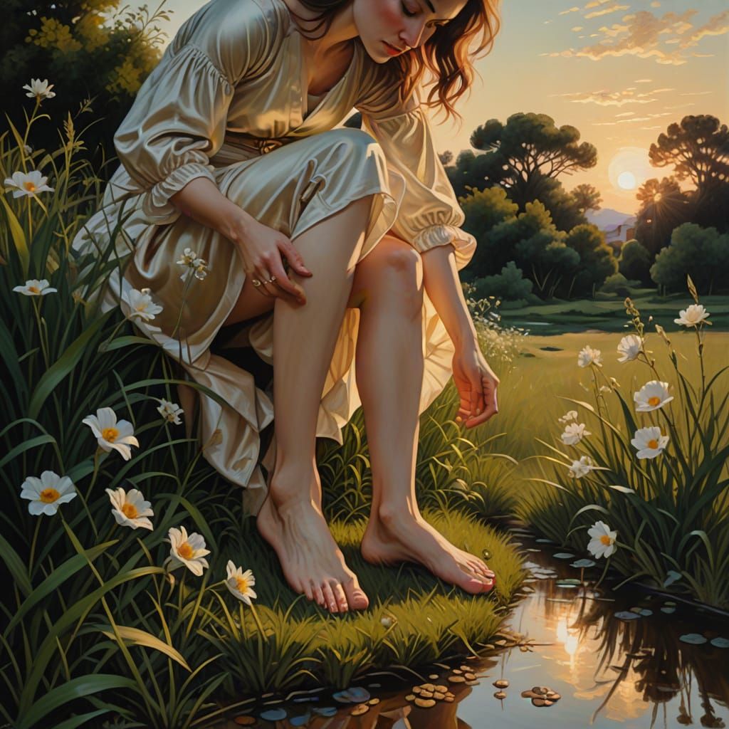 Ethereal Foot Blooms Flowers in Golden Hour Oil Painting