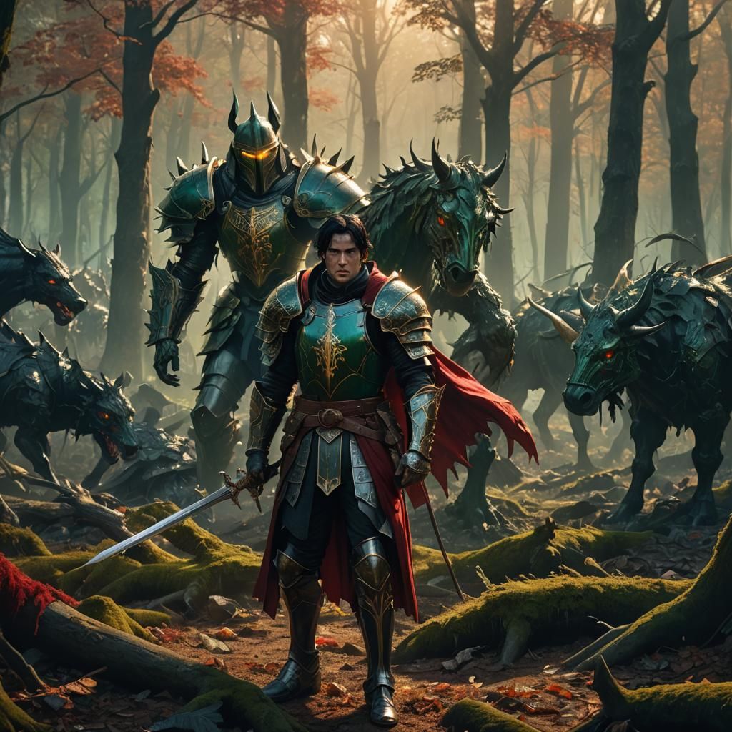 Knight Victorious in Misty Forest, Fantasy Realism